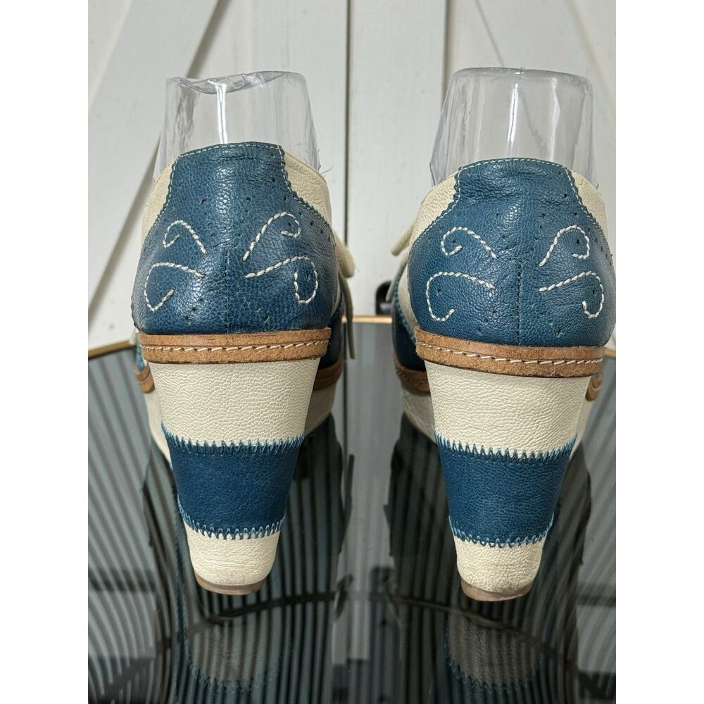 Anthropologie Pilcro Cream and Teal Leather Wedge Oxfordsππ - Picture 4 of 13